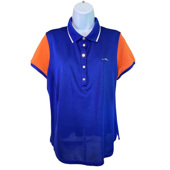 Lauren Ralph Lauren Womens Polo Shirt XL Blue Orange Colorblock Preppy Golf Logo - Picture 1 of 8